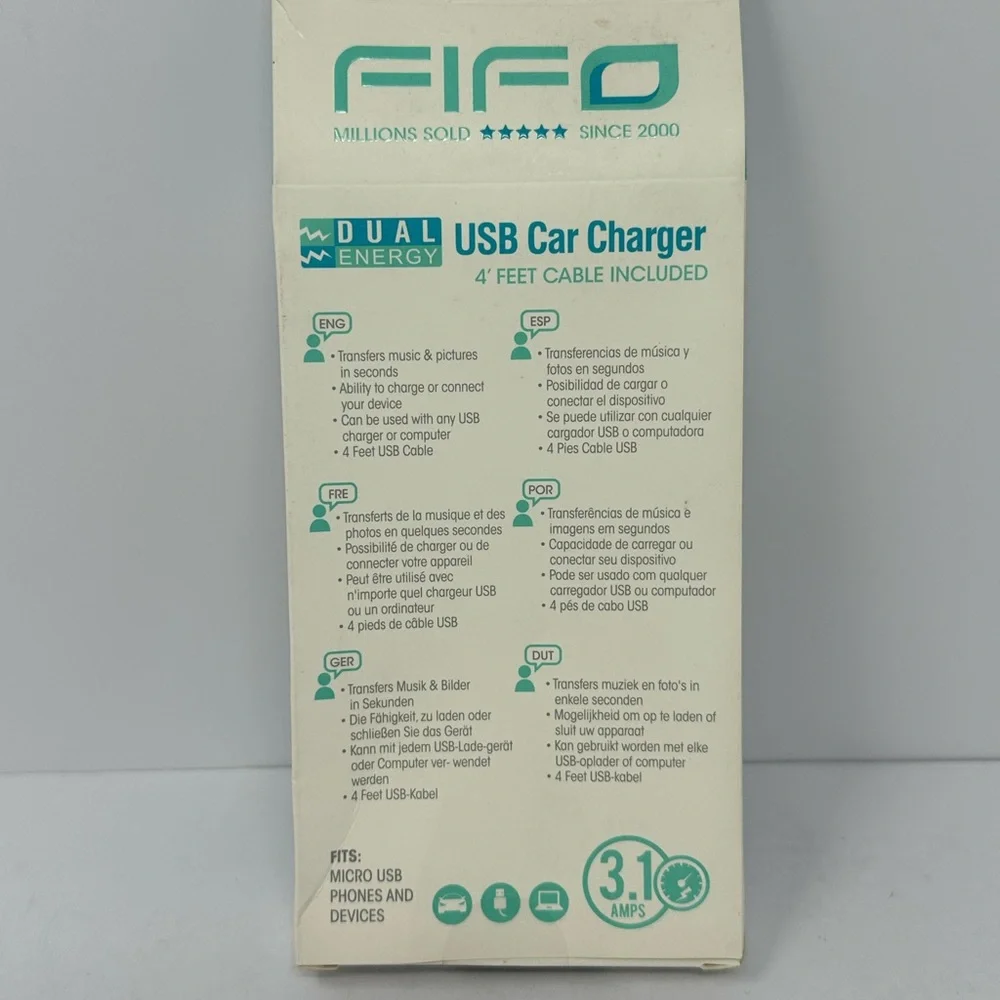 in Box! 10322 Fifo Micro USB Car Charger With 4ft Cable Silver 2 USB Ports
